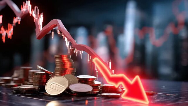 Stock market crash represented by red downward chart with coins in city backdrop showing impact on financial stability and investments during economic downturn