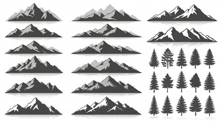 Collection of diverse mountain ranges and pine trees vector illustrations in a flat silhouette style perfect for nature-themed designs and logos