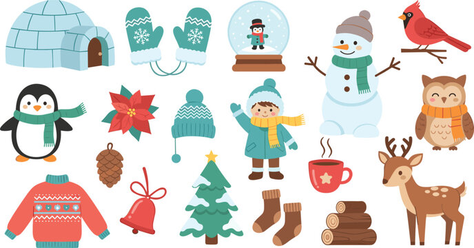 Winter Holiday Icon Set With Snowman Penguin Owl Deer Igloo Mittens Tree And Cozy Christmas Elements In Cute Vector Illustration