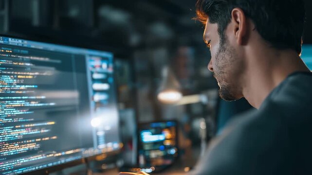Programmer focused on coding and debugging software in a modern IT office environment during late hours