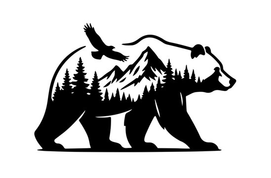 Black and White Vector Bear Silhouette with Forest Double Exposure Landscape