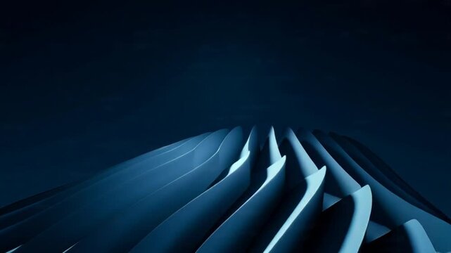 Dark blue abstract 3D rendering of wavy surface with sharp edges and soft lighting.