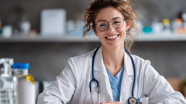 Joyful female doctor in white coat smiles while taking notes in clinic during afternoon, showcasing dedication to patient care and health