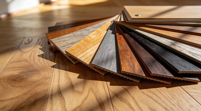 A variety of laminate and vinyl flooring samples for home renovation and interior design choices