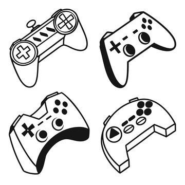 Four different types of video game controllers arranged in a square formation. Vector
