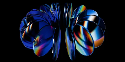 Cyber elements made of dispersion glass and liquid acrylic green violet blue glow on black backdrop cinematic tech background design cover art music visuals 3d rendering © IM_VISUALS
