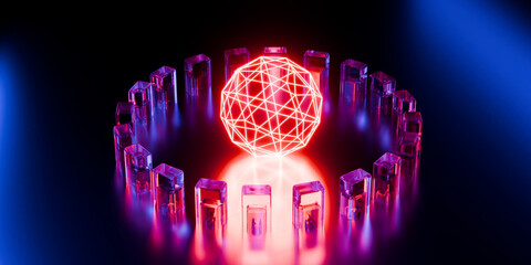 Cyber elements with glowing core dispersion glass and liquid acrylic violet blue glow on black backdrop cinematic tech background design cover art music visuals 3d rendering © IM_VISUALS