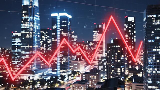 Recession concept with glowing red line against urban skyline backdrop