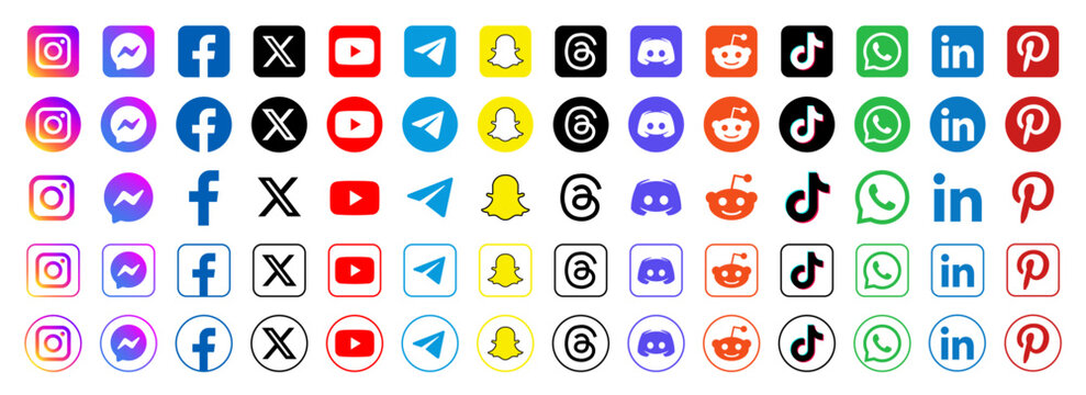 2026 social media icon collection. Vector icons for popular social networking and messaging apps including Instagram, Facebook, X, YouTube, Threads, Pinterest.
