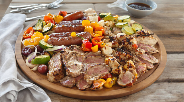 Assorted grilled meats and vegetables on a wooden platter.