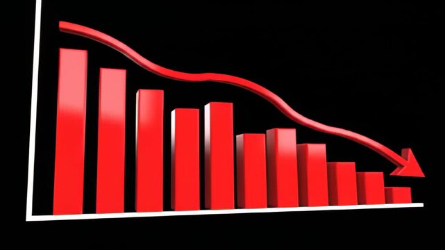 Red bar graph declining with arrow represents financial loss or failure