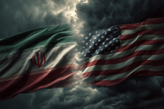 USA and Iran national flags colliding in dramatic stormy sky, geopolitical conflict and international relations concept, observed on United Nations Day and International Day of Peace 2026