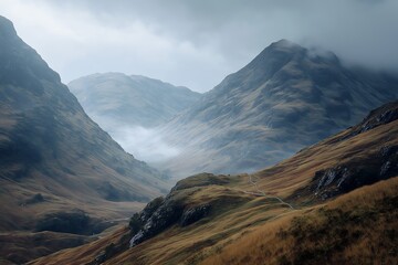 Moody Scottish Highlands Mountain Scenery with Misty Hills and Winding Paths
, wallpaper 