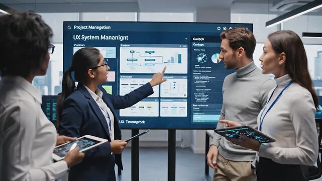A team of diverse professionals collaborating on a tech project, using a large display