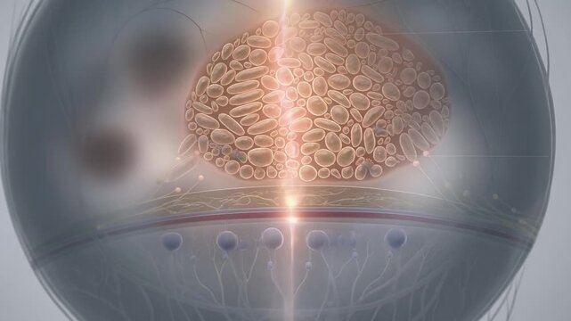 A glowing, brain-like cellular structure within a translucent sphere, connected by neural networks.