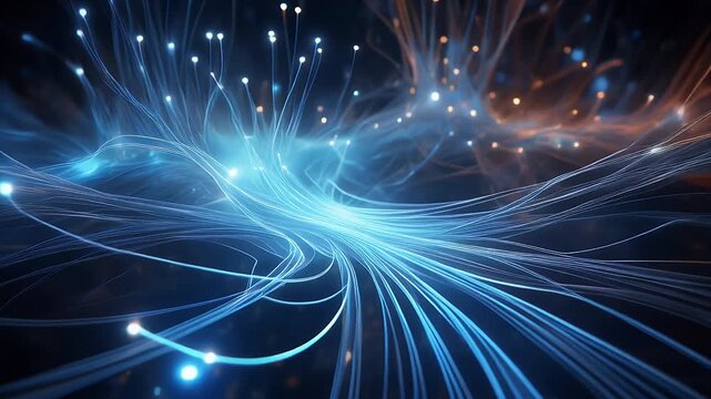 Blue energy streams flow through a dark digital space, symbolizing data movement, intelligence, and futuristic systems for AI, technology branding, and cinematic motion backgrounds.