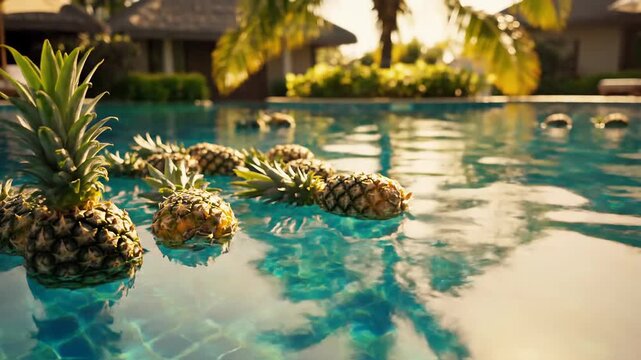 Pineapples Floating in a Tropical Swimming Pool at Sunset