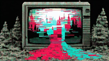 Glitch Art Landscape on Vintage TV Surrounded by Forest Elements