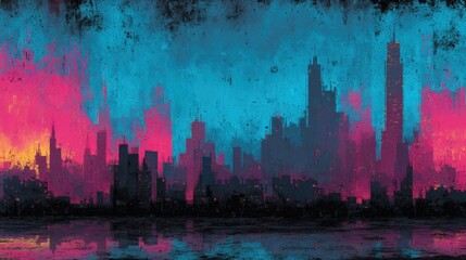 Vibrant City Skyline at Sunset with Colorful Artistic Background