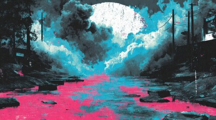 Surreal Landscape with Colorful Water and Dramatic Clouds at Dusk