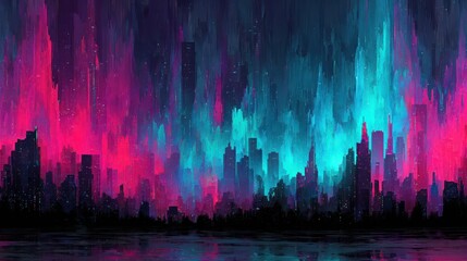 Vibrant Abstract Cityscape with Neon Colors and Dramatic Atmosphere
