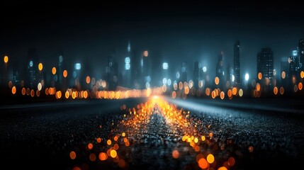 Blurred Night Cityscape with Lights and Road Perspective View