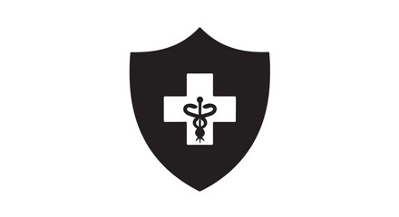 Obraz premium Medical Shield with Cross and Staff Symbol in Simple Monochrome Design on White Background for Healthcare Logo