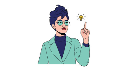 Creative woman with blue hair and glasses pointing up at a glowing lightbulb symbol representing a bright new idea.