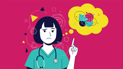 Confused nurse with a stethoscope pointing up at a thought bubble filled with complex geometric shapes and swirls.