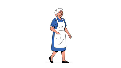 Senior woman wearing a blue dress and a white apron with glasses walking across a white background with a cheerful smile.