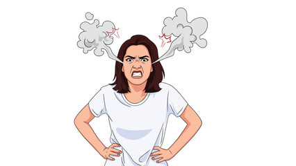 Furious young woman shows extreme anger with steam coming out of her ears and a stressed expression on her face.