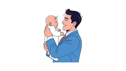 Loving father wearing a blue suit smiles happily while holding his small baby in his arms during a special occasion.