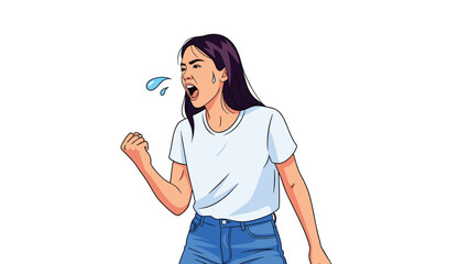Angry or excited young woman in white tshirt shouting with clenched fist and drops of sweat or tears on blue background.
