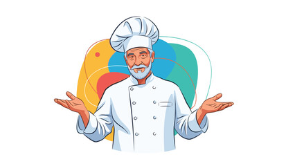 Friendly senior chef with white beard and hat standing with open hands in welcome gesture against colorful abstract shapes.