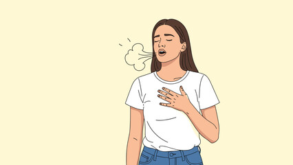 Relieved young woman wearing white tshirt taking deep breath and exhaling with cloud of air on soft yellow background.