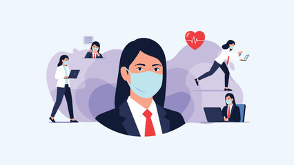 Professional business woman wearing protective face mask with vignettes of colleagues working in hybrid office setting.