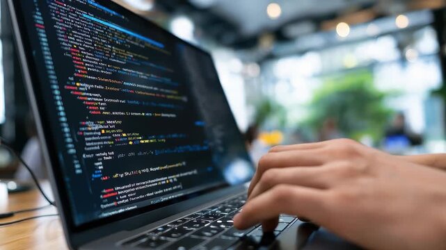 Programmer working on a laptop with code displayed in a bright, modern workspace during the day