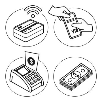 Illustration of various payment methods including card, cash, and mobile payments Vector