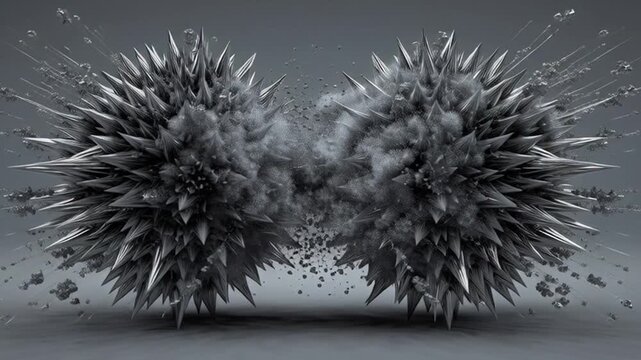 Explosive collision of two spiky objects in grayscale.