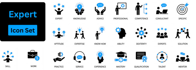 Expert icon set. Expert solid icon set containing advice, competence, expertise, knowledge, skill, specialist, experience and more.