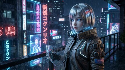 Fototapeta premium Cyberpunk woman in a neon-lit futuristic city at night, digital art