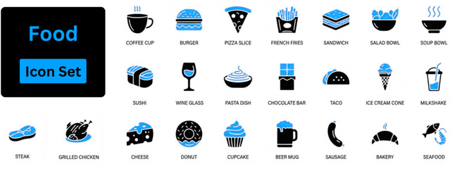 Food icon set contain Vegetable dish, poke bowl, salad, Pizza, pasta spaghetti bowl and burger. 