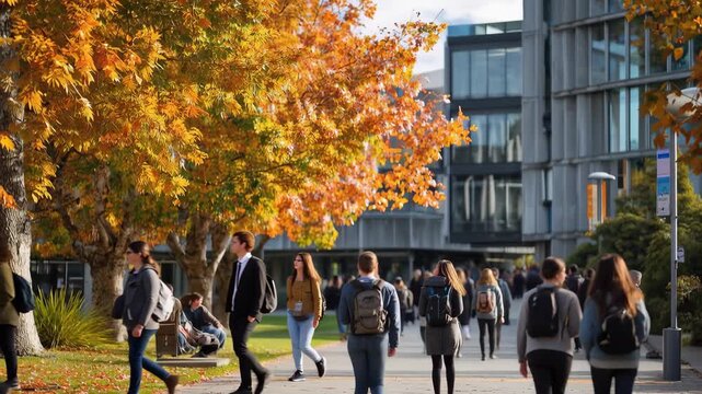 Vibrant university campus bustling with students enjoying autumn foliage as they walk along the pathway amidst colorful trees