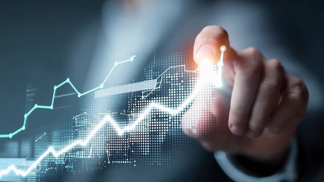 Businessman interacts with digital graph to visualize growth and success in a modern office setting
