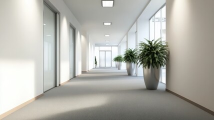 Obraz premium Minimalist Office Entrance with Frosted Glass Doors and Indoor Plants in Modern Hallway