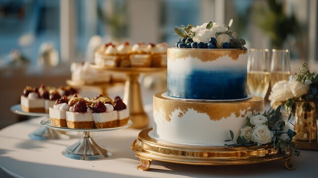 A wedding photographer portraits intimate details of the wedding cake and desserts, emphasizing unique designs and flavors that reflect the couple's personalities and enhance the overall