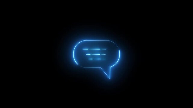 Glowing  neon speech bubble icon with message lines on a dark background.