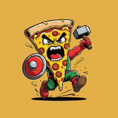 Cartoon Aggressive Pizza Slice Gladiator Mascot Holding Hammer Illustration