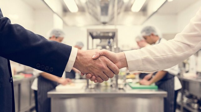 Deal Sealed in the Kitchen: Two professionals solidify an agreement with a firm handshake within a bustling commercial kitchen.