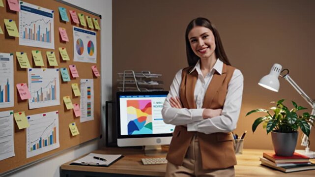 Smiling woman posing near office desk with corkboard and computer